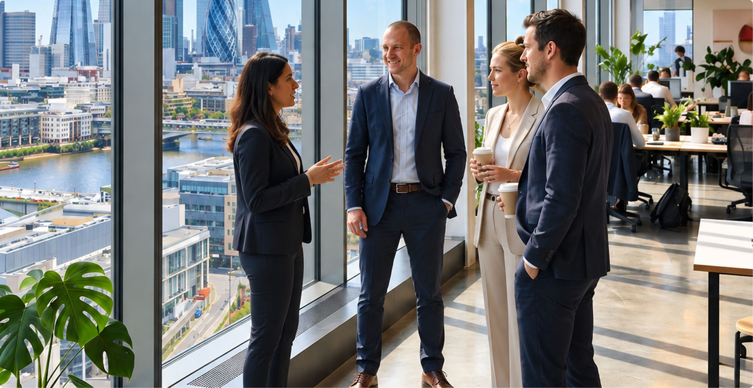 Four business professionals chatting by floor-to-ceiling windows in a modern London office overlooking the Thames and the City skyline