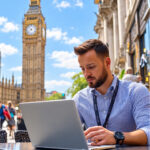 Business traveller with a conference lanyard working on a laptop at an outdoor café table, Big Ben in the background