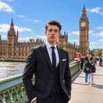 Young man in a dark three-piece suit standing on Westminster Bridge, with Big Ben and the Houses of Parliament behind