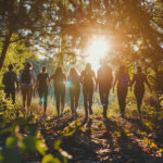 Group of friends with backpacks walking side by side along a woodland trail toward the setting sun
