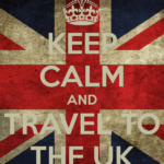 "Keep Calm and Travel to the UK" poster with a crown on a distressed Union Jack background