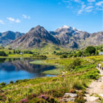 Hikers on a trail beside a calm mountain lake, with purple heather in the foreground and rugged peaks behind